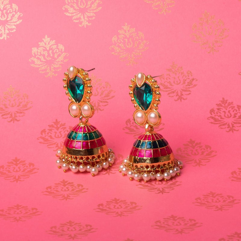 Moonstruck Traditional Indian Minakari Jhumka Earrings for Women â€“ Gold-Tone Dome Earrings with Pink & Green Stones, Off-White Pearls for Weddings, Parties, and Ethnic Wear - Image 5